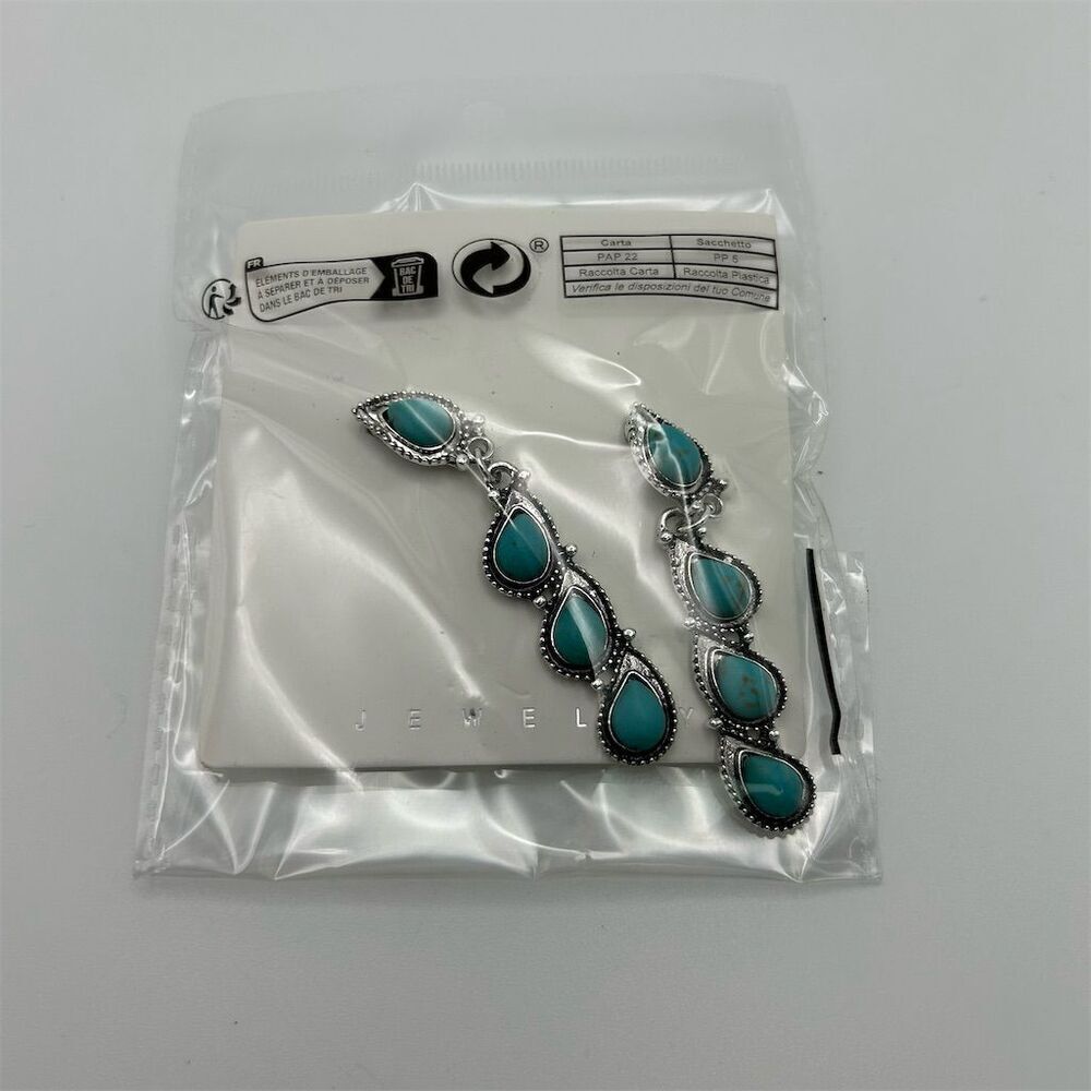 Boho Southwestern Faux Turquoise Teardrop Stud Dangle Long Earrings - Picture 3 of 5